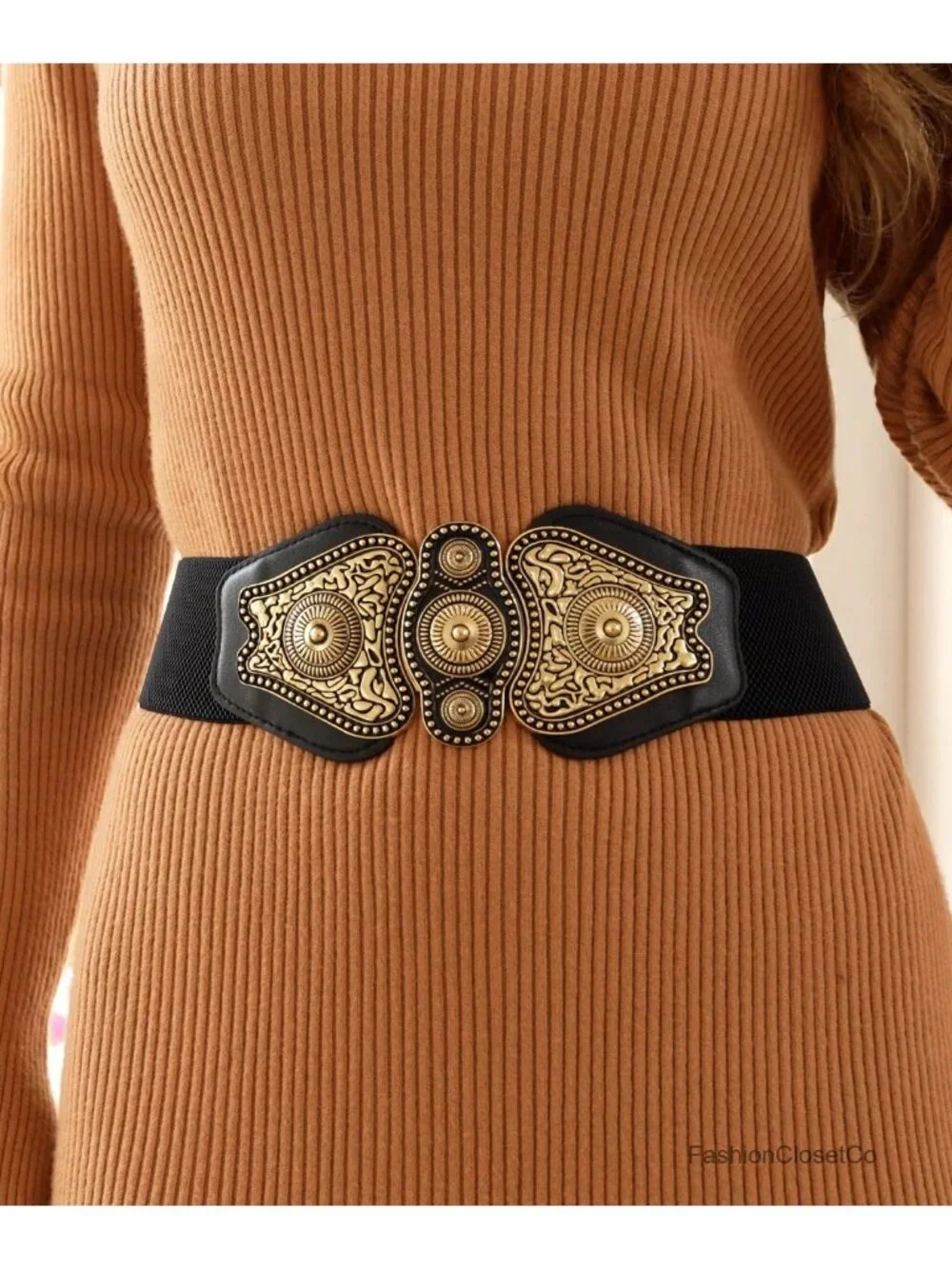 Antique Gold Filigree Buckle Waist Belt - Wide Elastic, Faux Leather